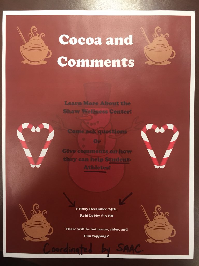RaiderRules's tweet image. Colgate student-athletes 📣📣📣 Hot chocolate bar on the last day of classes w/ @ShawWellness?!?! 🙌 5-6pm reid Lobby right before @ColgateWBB vs NJIT! Thank your @ColgateSaac for this one! See you there!