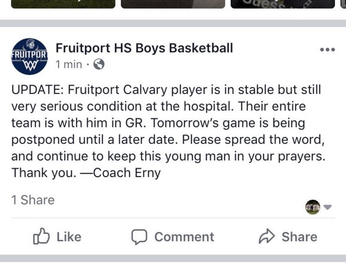 fhsbluemachine's tweet photo. The boys basketball game is cancelled for Friday night. It will be postponed. Our teams and community are thinking of Fruitport Calvary Christian tonight and sending health, strength, and good spirits to the players, families, and community. https://t.co/u2MGe9FRHM