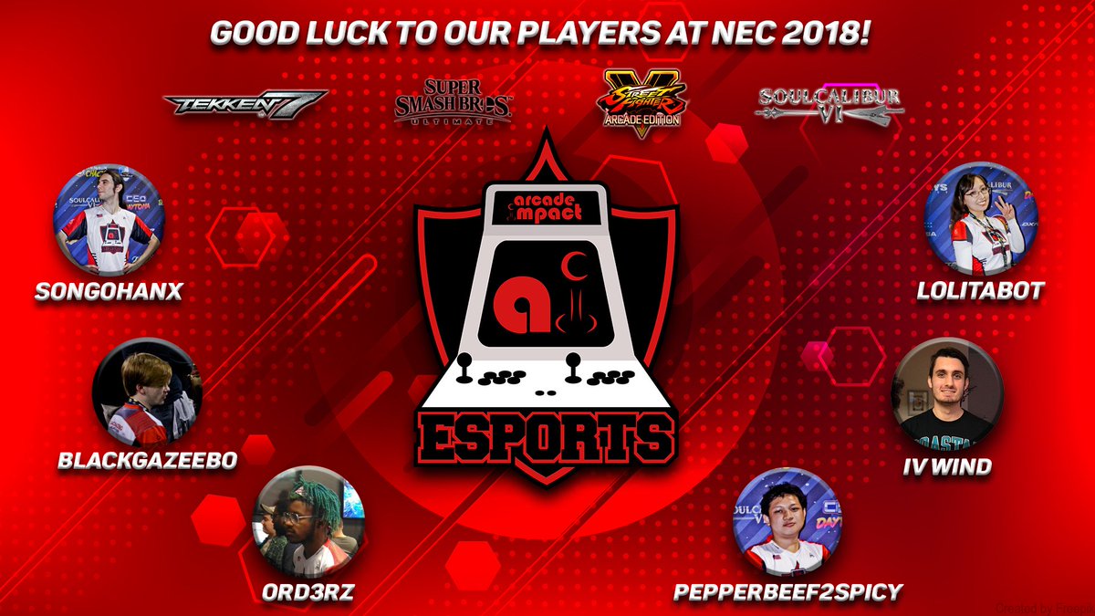 ArcadeImpact's tweet photo. Wishing @JustinSGX, @black_gazeebo, @ord3rz, @PBeef2Spicy, @IVWIND_SC, and @LolitaBot613 good luck at NEC this weekend! #ArcadeImpact #FGC https://t.co/PAPm5JY8i4