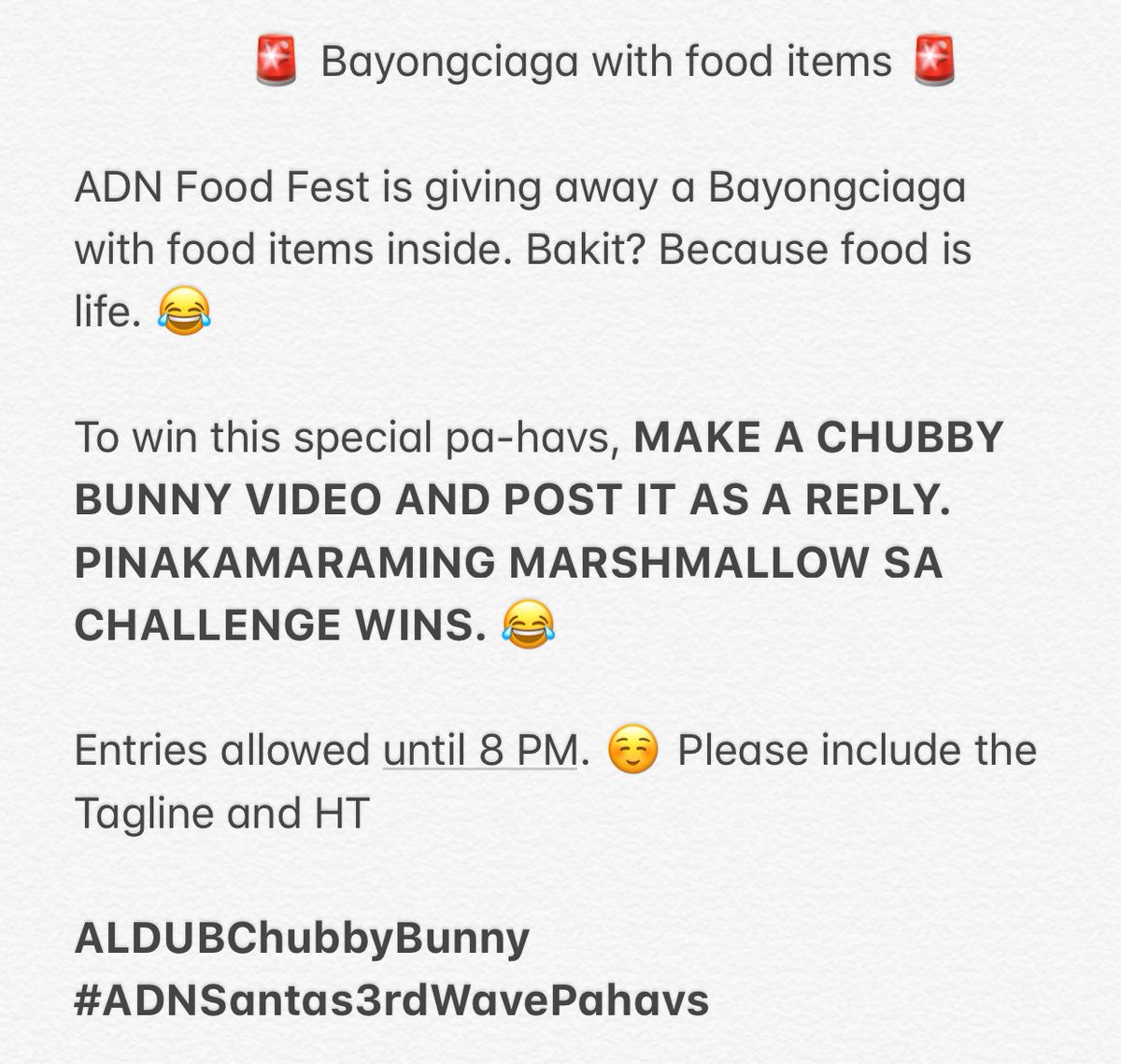 Isa pa!!! We're giving away a Bayongciaga with food inside! Pagbigyan nyo na ako ang layo nung bag sa akin at tinatamad ako picturan. Follow the instructions and good luck!

#ADNSantas3rdWaveNgPahavs 
#ALDUBABilliionThanks