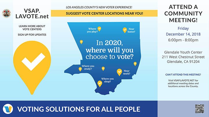 ANCA_WR's tweet photo. TOMORROW @ 6PM at the Glendale Youth Center!

 Join the ANCA-WR and the LA County Registrar-Recorder/County Clerk for a Community Meeting organized to give Glendale residents the opportunity to discuss potential Vote Center locations to be placed in 2020. #HyeVotes #GetOutTheVote https://t.co/VMgjRuCQvf