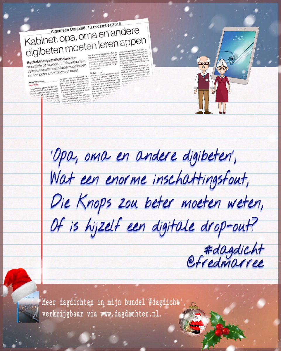 FredMarree's tweet photo. βOpa, oma en andere digibetenβ,
Wat een enorme inschattingsfout,
Die Knops zou beter moeten weten,
Of is hij zelf een digitale drop-out?
#dagdicht #allesovereenkamscheren
https://t.co/lEJ4eAGW6N #opafred https://t.co/oPdOvwySka