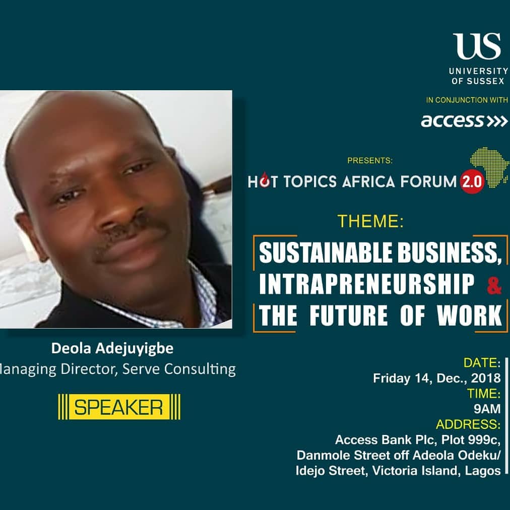 SussexUniWA's tweet photo. Keynote Address by the Executive Director of Serve Consulting - Mr Deola Adejuyigbe - The three tips to succeeding in business are:
- Innovate for value
- Expect Surprises
- Think Long Term
Africa has the potential to rise, Africans need to Innovate.
#HTAForum #HTA2 #ImpactLens https://t.co/PvWhWV1A2Q