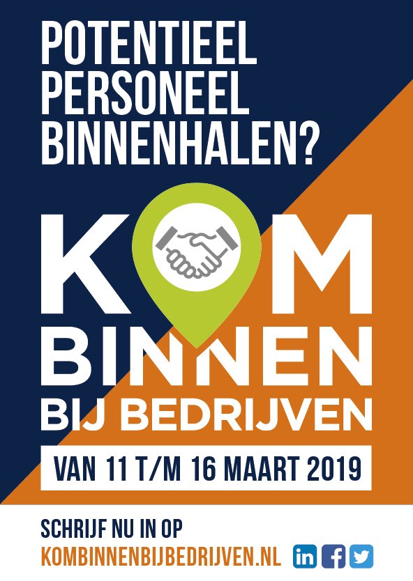 Op zoek naar nieuwe medewerkers? De beste vaste krachten, de slimste stagiairs en de vrolijkste vrijwilligers haalt u binnen tijdens KOM BINNEN BIJ BEDRIJVEN, 11-16 maart 2019. Schrijf uw bedrijf of organisatie nu in op kombinnenbijbedrijven.nl