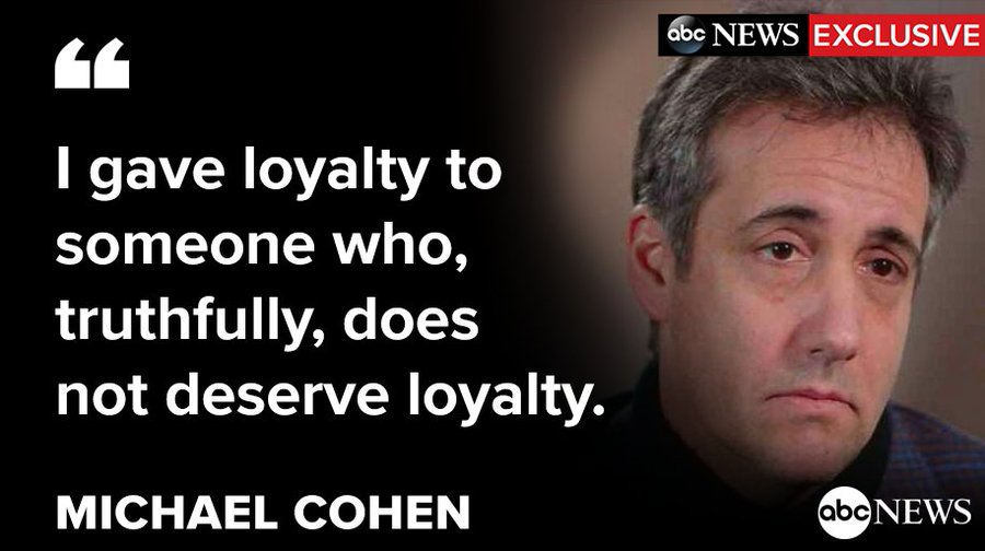 “I gave loyalty to someone who, truthfully, does not deserve loyalty,” Michael Cohen tells
@ABC News' @GStephanopoulos.
Watch the exclusive interview only on @GMA. http://abcn.ws/2EucyML