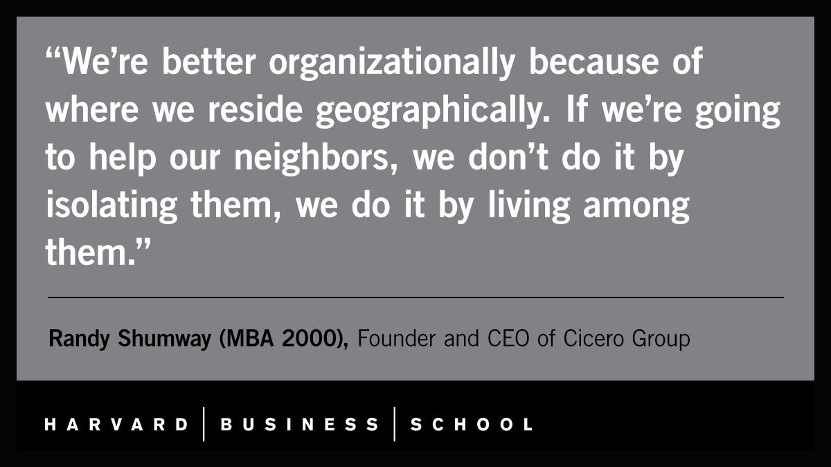 When it came time to move <a href="/Cicero_Group/">Cicero Group</a>'s offices, founder and CEO <a href="/Randy_Shumway/">Randy Shumway</a> (MBA 2000) wanted to be closer to Salt Lake's homeless shelter, soup kitchen: hbs.me/2A1guka