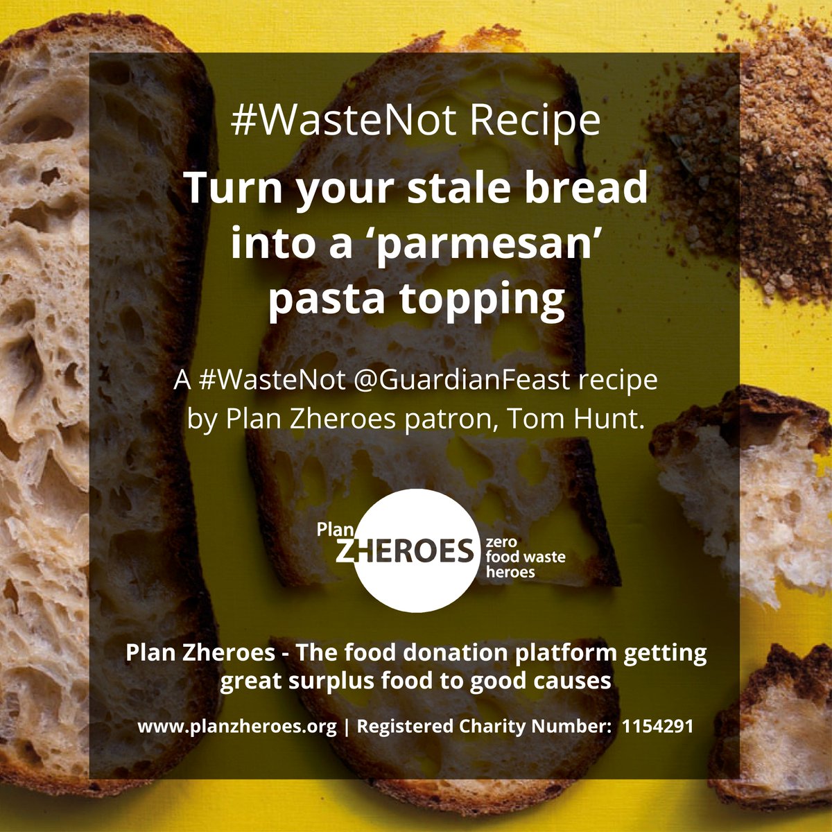 #WasteNot Recipe: Turn your stale #bread into a ‘parmesan’ pasta topping. By <a href="/PlanZheroes/">Plan Zheroes</a> Patron - <a href="/ChefTomHunt/">Eco-Chef Tom Hunt</a>: 
theguardian.com/food/2018/nov/…. We connect businesses w/#surplusfood to charities who can use it. Please consider supporting us this #Christmas: mydonate.bt.com/donation/v4/ch…