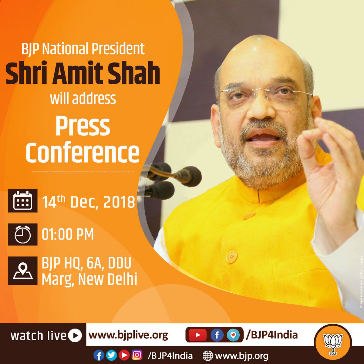 Office of Amit Shah (@AmitShahOffice) on Twitter photo 2018-12-14 07:19:28 BJP National President Shri @AmitShah will address a Press conference today 1pm at BJP HQ, New Delhi. #SCNailsRaGaLies BJP National President Shri @AmitShah will address a Press conference today 1pm at BJP HQ, New Delhi. #SCNailsRaGaLies