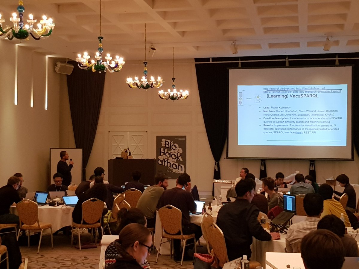 leechuck's tweet photo. @coolmaksat gives the final presentation for his Vec2SPARQL project at #biohack18 https://t.co/a0MS3UVHCu