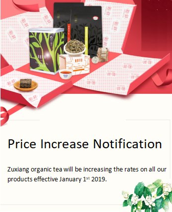 teaandbetter's tweet photo. Price increase notification
Zuxiang organic tea will be increasing the rates on all our products effective January 1st 2019.
https://t.co/LhS4HQybMR
#tea #organictea #ecocert #brewtea #steeptea #chinesetea #gongfucha #looseleaftea #teatime #tealover #euorganic #usdaorganic https://t.co/PL1pwEseqF