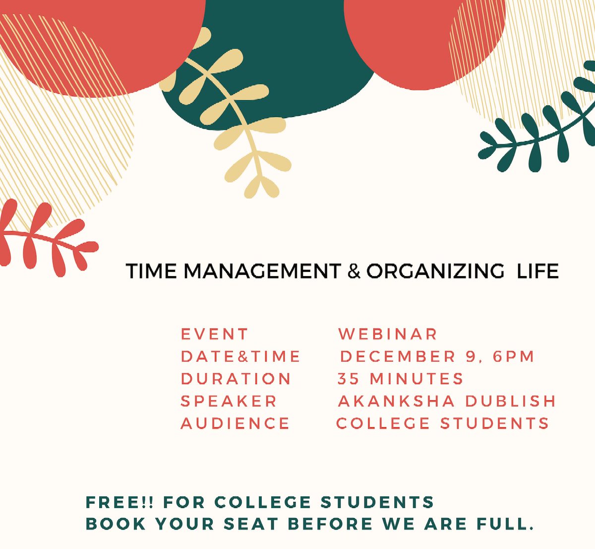 YujaConsultancy's tweet photo. #Knowledge is meant to be shared.
 Webinar session on Time Management and Organizing life conducted on 9th Dec 2018 for college students.  where we discuss on Time audit, positive procrastination, work-life balance and powerful time-saving tips followed by Q&amp;A Round. https://t.co/Vr7sBwY5wg