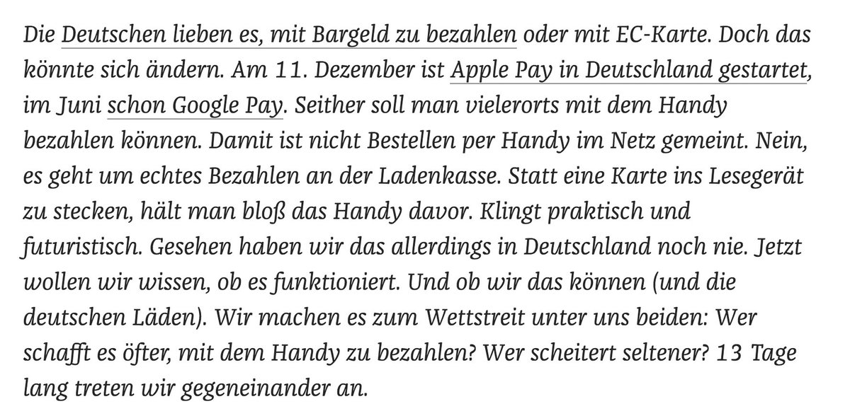 Wer schafft es öfter, mit dem Handy zu bezahlen? Ein Wettstreit zwischen <a href="/lisakatharina/">Lisa Nienhaus</a> und <a href="/JensT/">Jens Tönnesmann</a>, Bargeld und Digitalgeld, #ApplePay und #GooglePay, Cappuccino und Röggelchen. Diese Woche in <a href="/DIEZEIT/">DIE ZEIT</a> und auf <a href="/zeitonline/">DIE ZEIT</a> zeit.de/2018/52/mobile…