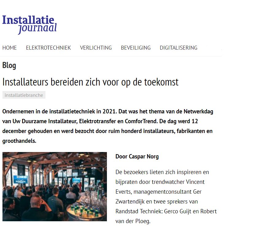Wow, wat een dag! Afgelopen woensdag vond onze Netwerkdag plaats samen met Uw Duurzame Installateur &amp; <a href="/Elektrotransfer/">Elektrotransfer</a>. De installatiebranche is klaar voor 2021! Benieuwd naar de dag? Lees er meer over in het Installatie Journaal bit.ly/2UPqExk  
#installatietechniek