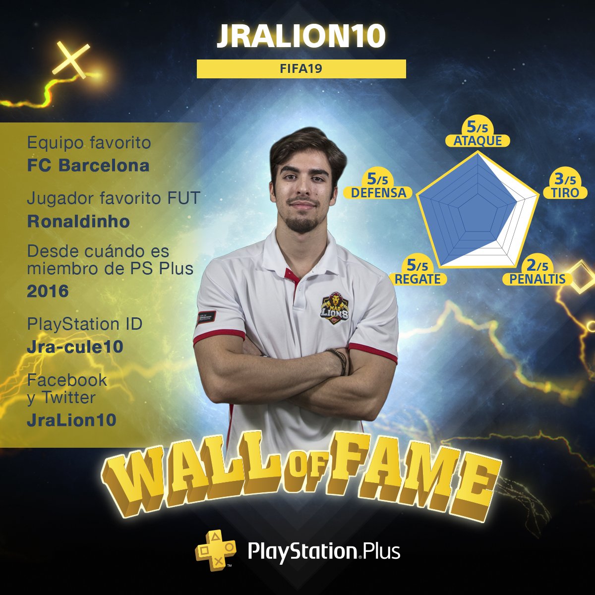 Esta semana en nuestra #WallOfFame os presentamos a @jralion10, uno de los 3 jugadores profesionales de #FIFA19 que representaron a España en la #ContinentalCup18. ¿Preferirías retarlo a jugar un partido⚽️ o una ronda de penaltis 😂? 🎮 #CulturaGamer @LigaOficialPS