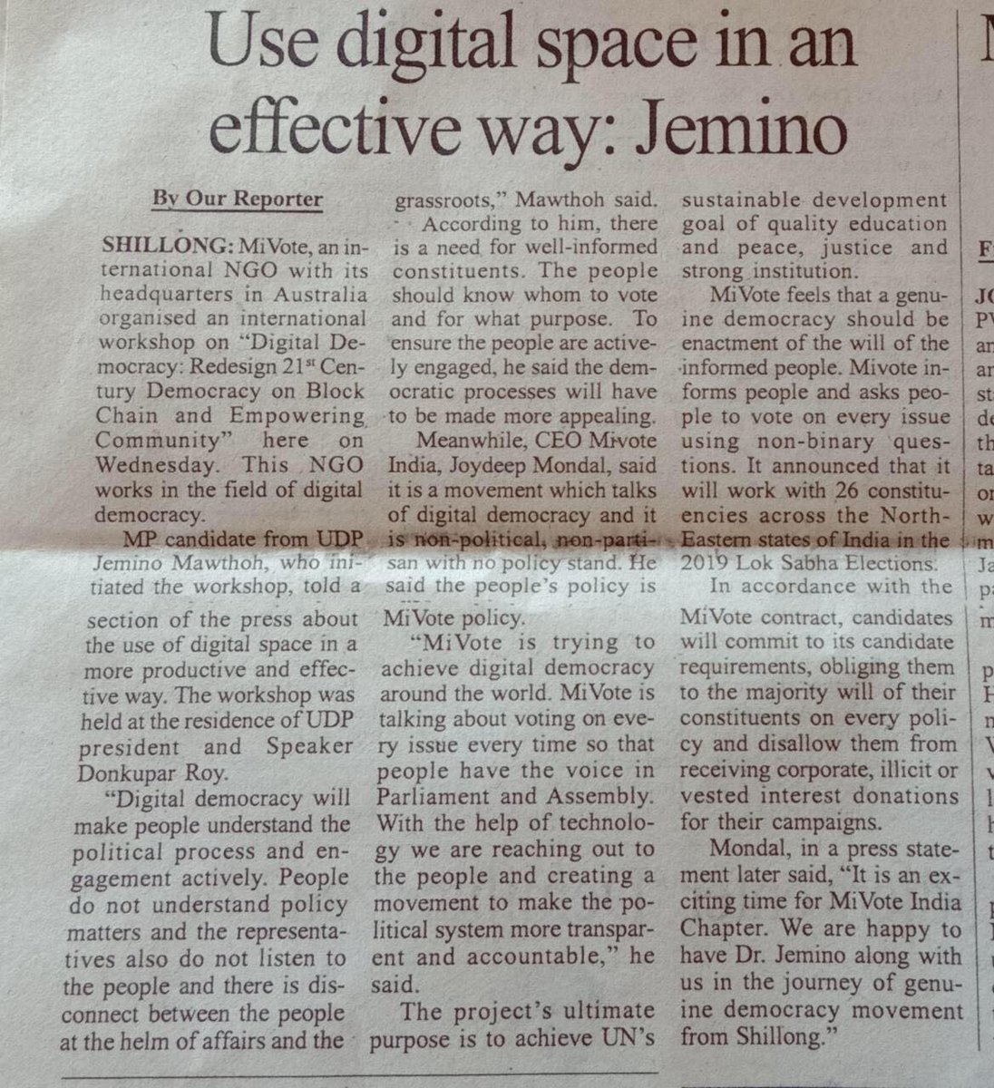 MiVoteIN's tweet photo. News: The Shillong times in the print media. 
#digitaldemocracy #dligitaindia @HorizonState @CrowdWeek #MiVoteTheVoice #drjemino @Joydeep_mondal1 @pauldisha01 @adamajacoby https://t.co/22Ol8C1pb6