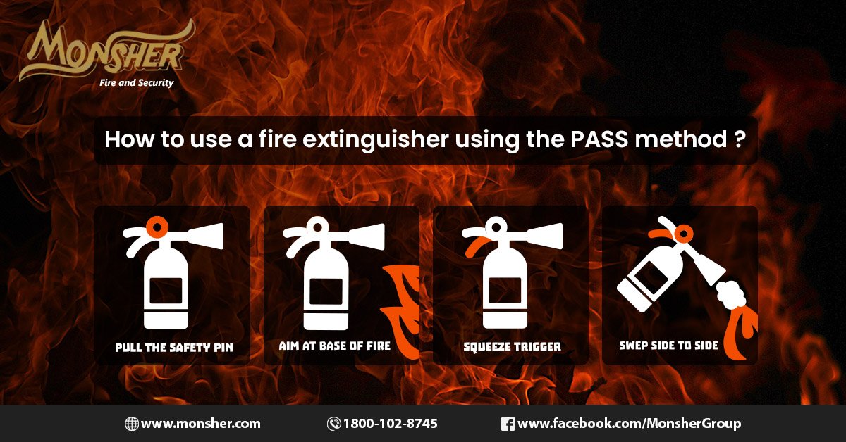 MonsherGroup's tweet image. The P.A.S.S method is an easy tool to remember and make you understand how you must use a #FireExtinguisher in emergencies. P.A.S.S. stands for pull, aim, squeeze, and sweep. Through this image, you can get a clear idea #PASSmethod. #Monsher