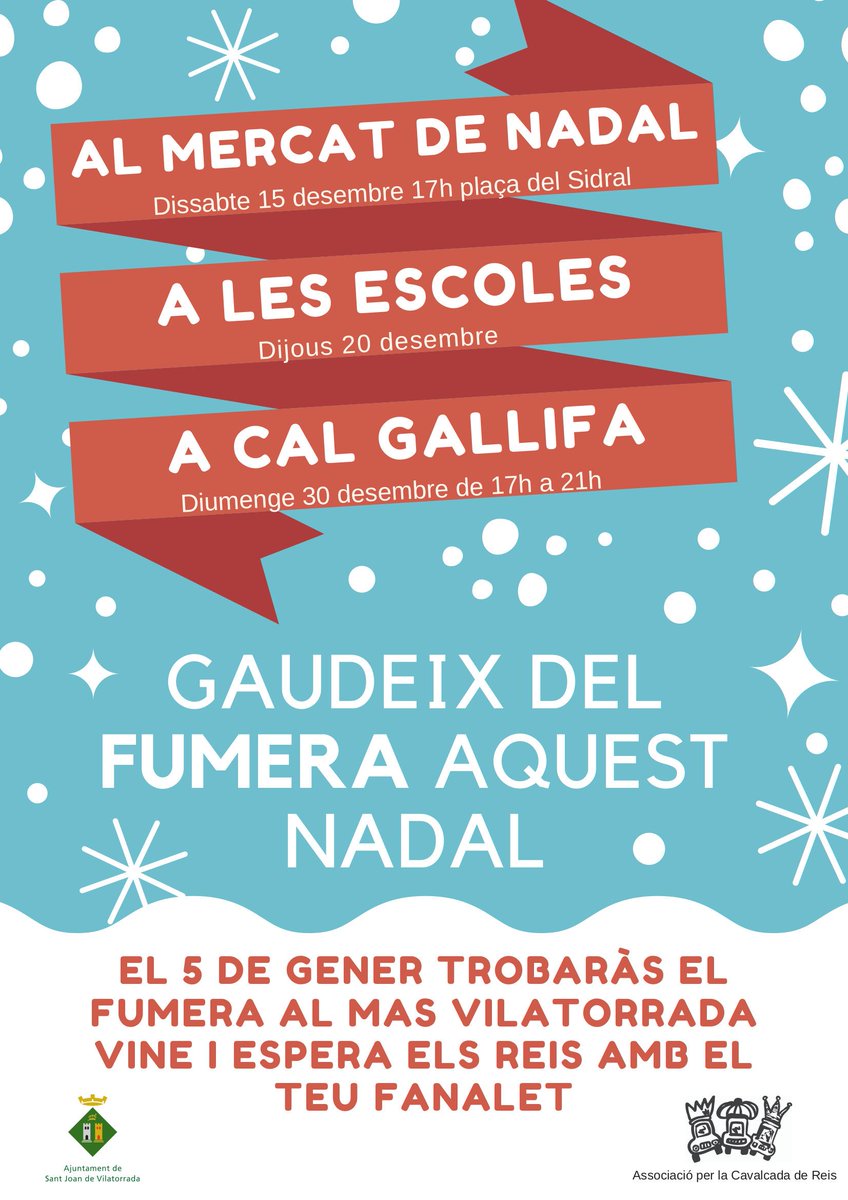 SantJoanV's tweet photo. Voleu saber on trobareu en Fumera aquest any?

📅 15 de desembre: al Mercat de Nadal
📅 20 de desembre: a les escoles
📅 30 de desembre: a Cal Gallifa
📅 5 de gener: al Mas Vilatorrada https://t.co/CfQu3j6avp