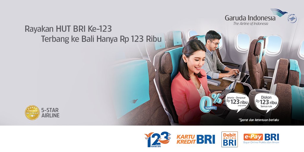Yuk, rayakan HUT ke-123 <a href="/BANKBRI_ID/">BANK BRI</a> bareng Garuda Indonesia! Gunakan Kartu Kredit BRI,Debit Online BRI atau e-Pay BRI dan nikmati potongan Rp123.000 ke berbagai destinasi dengan memasukkan kode promo GAHUTBRI. Informasi selengkapnya: bit.ly/2Ej8X3i