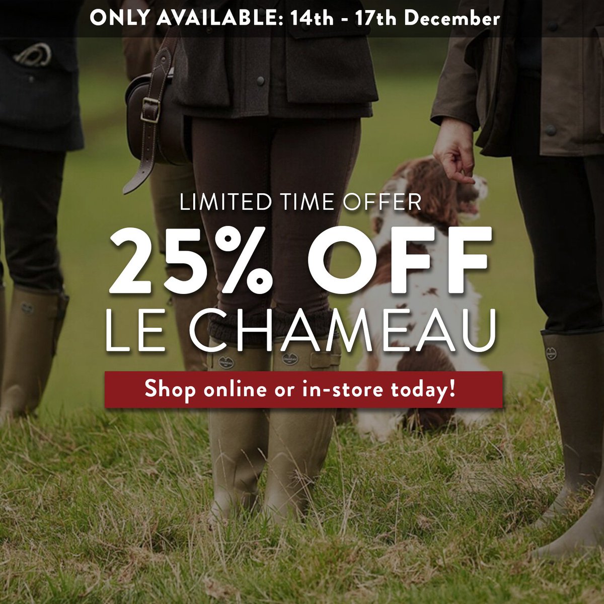 Just in time for Christmas, you can enjoy a fantastic 25% off all Le Chameau products for this weekend only (14th-17th December).

Shop online today -> bit.ly/25-off-chameau