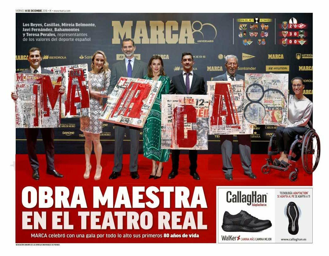 «Obra maestra en el Teatro Real». Así titula el diario @marca su portada de este viernes catorce de diciembre. Muchas personalidades del mundo del deportes, así como los Reyes de España, acudieron a la gala aniversario de los 80 años de vida del medio madrileño. #MARCA80Años