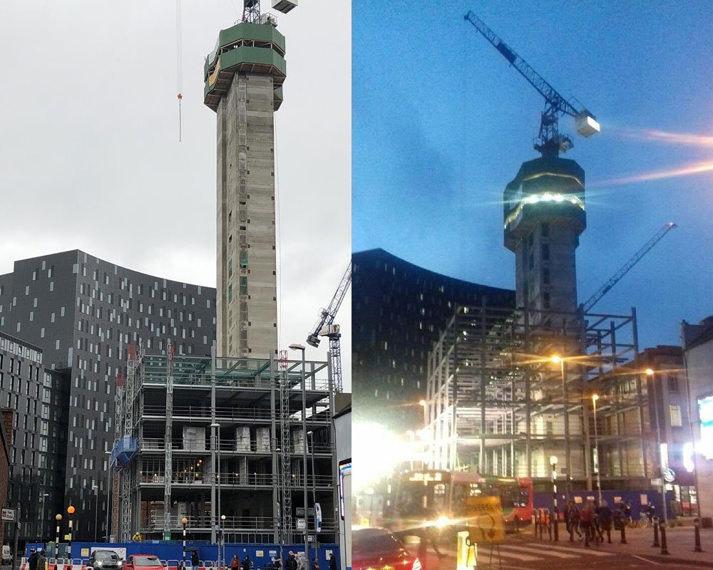 Our new development in #Portsmouth by day & night! Construction progress on the 19 storey development is progressing well, with the concrete stair and lift core in place and steelwork frame taking shape.
#studentaccommodation @MaithDesign @R_G_B_Group @ShearDesign2