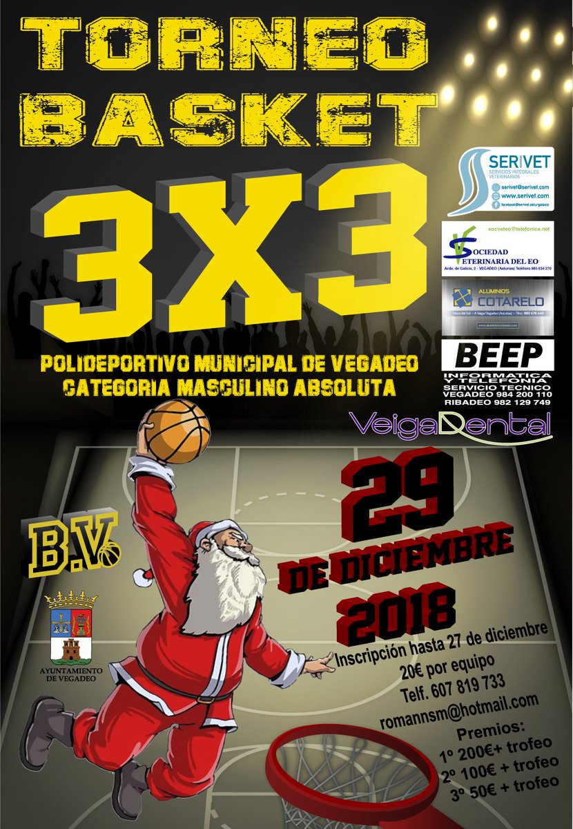 El 29 de Diciembre celebraremos un #3x3NavideñoCBVegadeo muy especial para despedir el año pasándolo en grande y compitiendo con deportividad y buen ambiente. 🏀🏀🏀🏀 
INSCRIPCIÓN HASTA EL 27 DE DICIEMBRE
20 € POR EQUIPO
TELF 607819733 - romannsm@hotmatmail.com <a href="/AytoVegadeo/">Ayuntamiento Vegadeo</a>