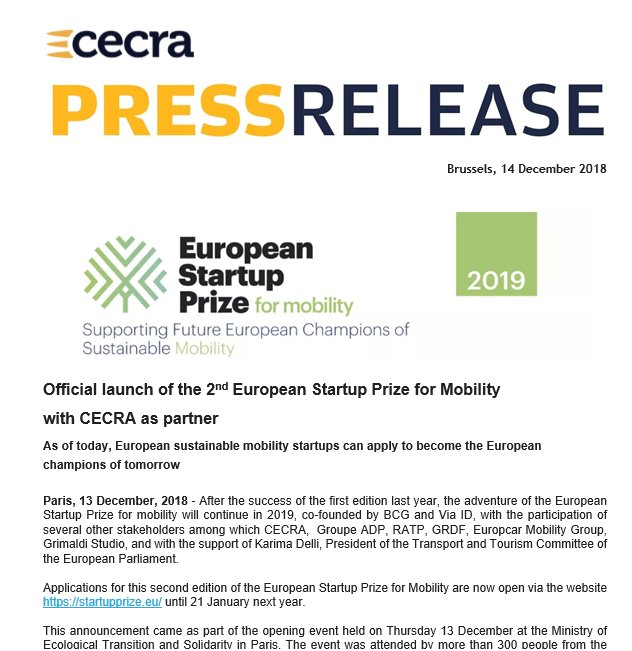 The 2nd edition of the European Startup Prize for Mobility is officially launched, with CECRA as a partner!!! Learn more and Apply here docs.wixstatic.com/ugd/35e449_f39… #EUSPforMobility #Startup #Innovation #SustainableMobility <a href="/KarimaDelli/">Karima Delli</a>