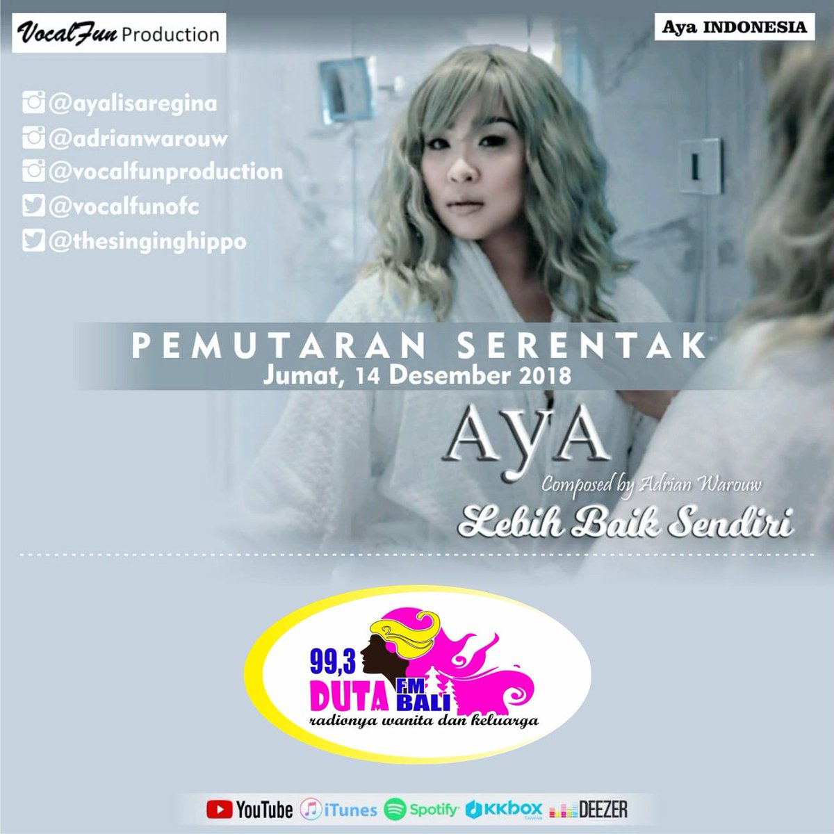 Simak pemutaran perdana single @ayalisaregina "lebih baik sendiri" di radio @dutafmbali jumat 14 Desember 2018 jam 7 malam  wita. <a href="/TheSingingHippo/">Adrian Warouw</a>
@vocalfunproduction
#ayalebihbaiksendiri #ayalebihbaiksendirionradio