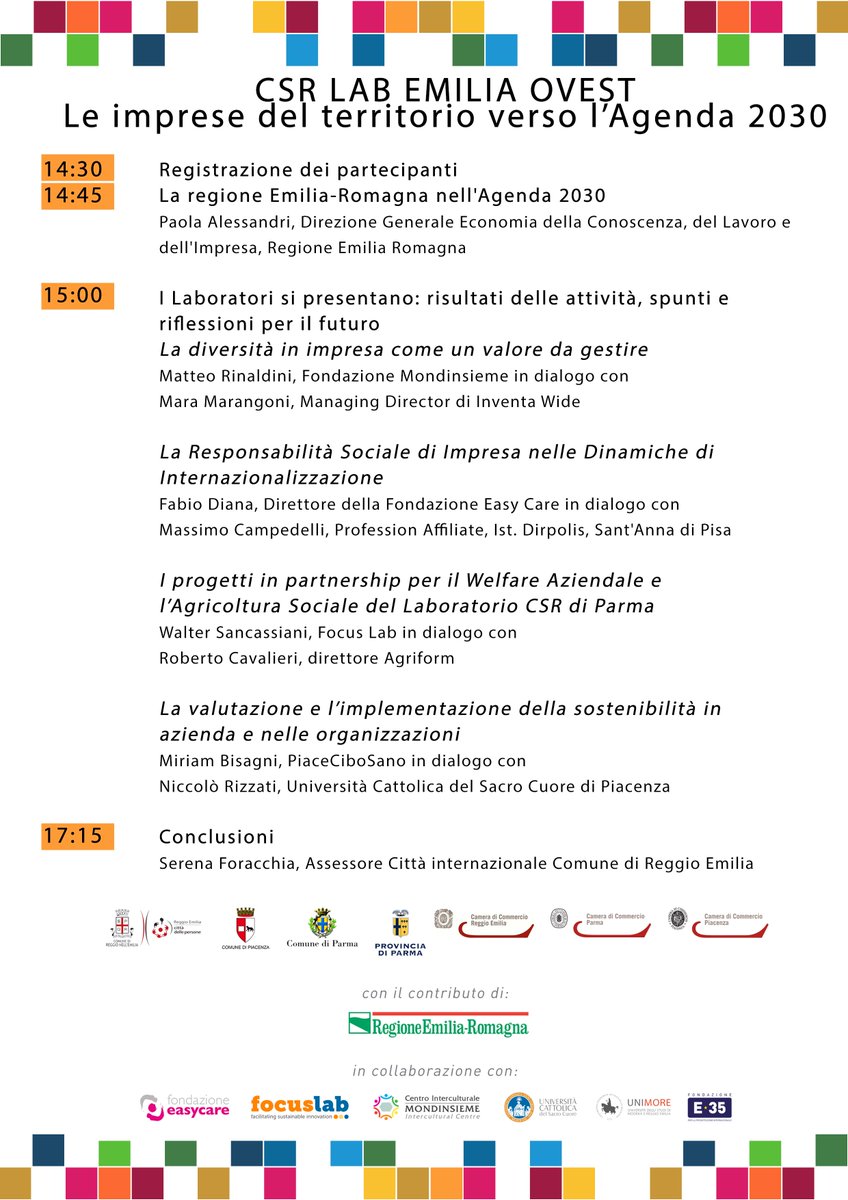 Si terrà mercoledì alle 14:30 al Tecnopolo Reggio Emilia l'incontro "Le imprese del territorio verso l'Agenda 2030" al termine dei laboratori svolti in @ComuneRE <a href="/ComuneParma/">Città di Parma</a> e Piacenza!

Info e programma qui: eventi.comune.re.it/eventi/evento/…