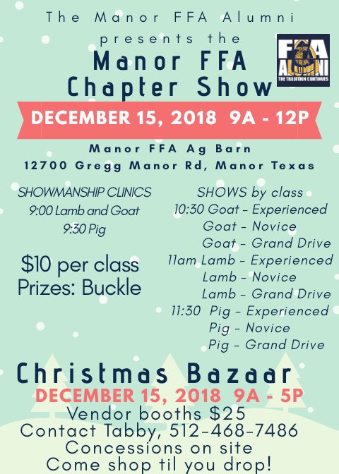 Manor FFA Alumni (@manorffa_alumni) on Twitter photo Tomorrow is the big day, come out and see the Manor FFA students in action and do some shopping while you are at it! 9-5 at the Manor Ag Barn. <a href="/ManorHS/">Manor High School</a> <a href="/CTEManor/">Manor CTE</a> <a href="/ManorISD/">Manor ISD</a> <a href="/ChapterTX0501/">Manor Texas FFA</a> <a href="/ManorSeniorHS/">Manor Senior High</a> <a href="/royce_dr/">Dr. Royce Avery</a> <a href="/JulianneDuffie1/">Julianne Duffield</a> Tomorrow is the big day, come out and see the Manor FFA students in action and do some shopping while you are at it! 9-5 at the Manor Ag Barn. <a href="/ManorHS/">Manor High School</a> <a href="/CTEManor/">Manor CTE</a> <a href="/ManorISD/">Manor ISD</a> <a href="/ChapterTX0501/">Manor Texas FFA</a> <a href="/ManorSeniorHS/">Manor Senior High</a> <a href="/royce_dr/">Dr. Royce Avery</a> <a href="/JulianneDuffie1/">Julianne Duffield</a>