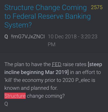 Is Q522 targeting the structure of the FED RESERVE?Q2575 The plan to have the FED raise rates [steep incline beginning Mar 2019] in an effort to 'kill' the economy prior to 2020 P_elec is known and planned for.Structure change coming?Q1194 Structure @POTUS  #QArmy  #Payseurs  #Q