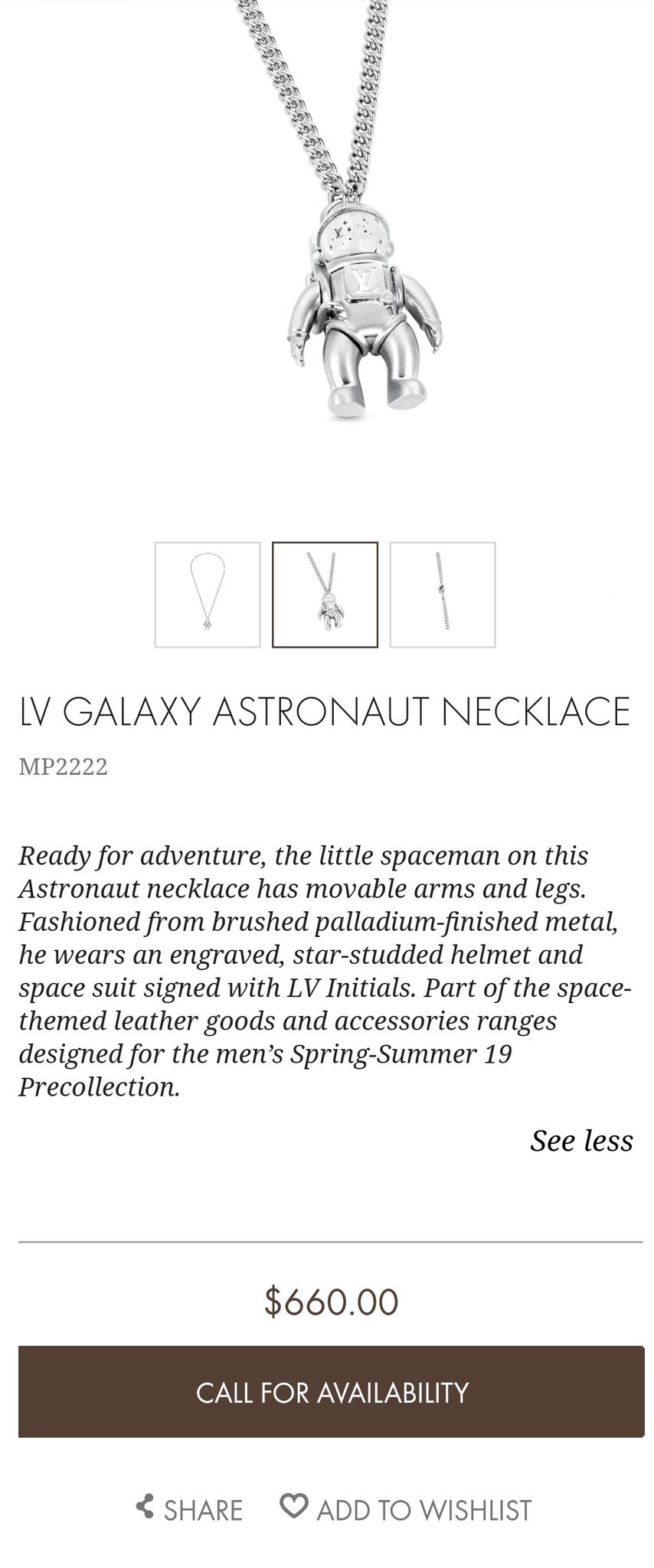 Shipping Included Louis Vuitton Astronaut Necklace mens accessories