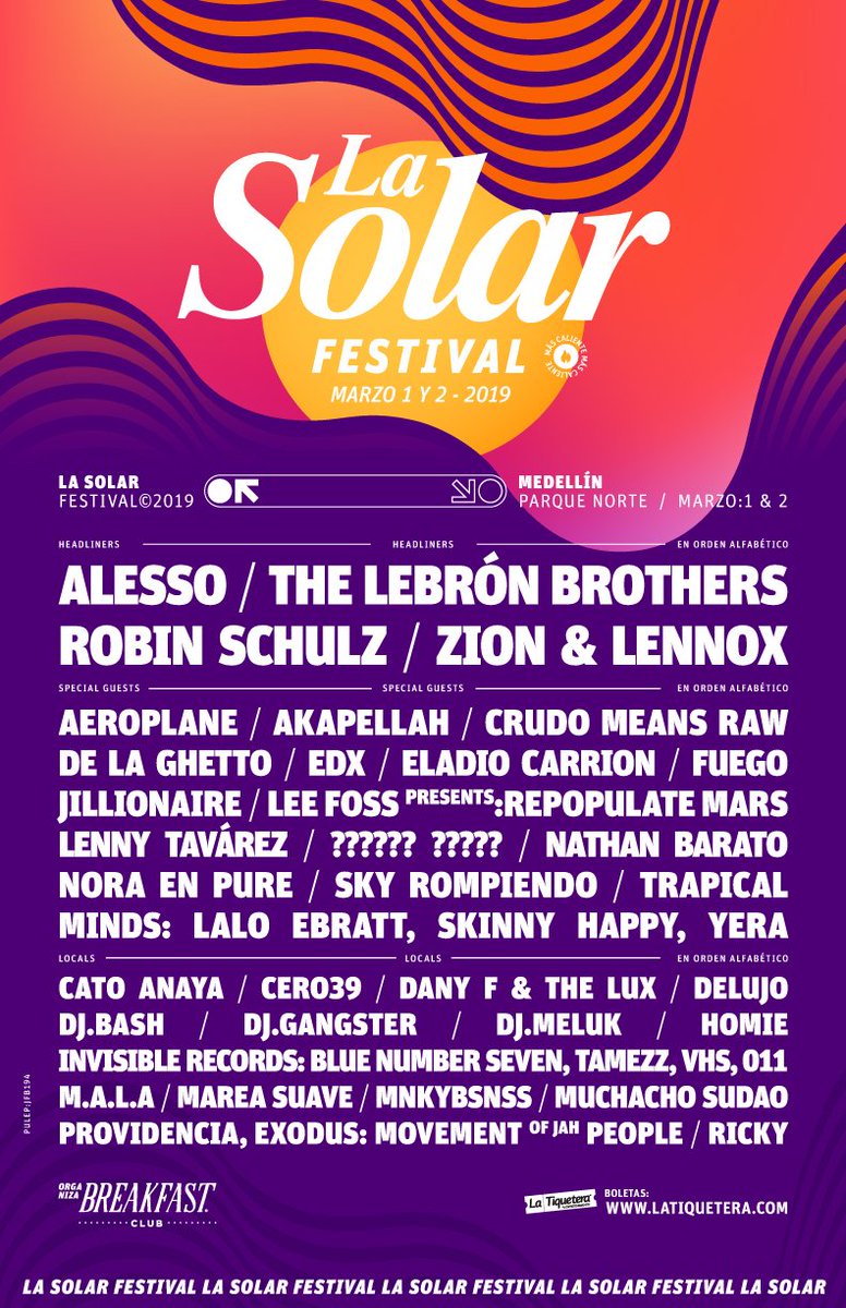 ¡Bienvenidos a #LaSolarFestival 2019: más latina, más urbana, doblemente festival! La mayor cita musical del primer semestre en Medellín, el hogar para los sonidos de fusión, el reggaetón, la electrónica y el tropicalismo salvaje. Nueva etapa de boletería: bit.ly/lasolarfestival