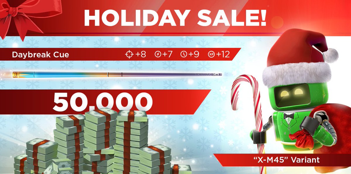 kingsofpool's tweet photo. 🎶 Santa Scratch is comiiiing, to tooooown 🎶

Introducing the brand new Holiday Sale! It could be our best deal EVER!?🎄🎅

🎁50,000 cash. The Daybreak Cue. A festive AR Robot for your collection. One unreal price! Don't miss out, log into #KingsOfPool today! 🎁 https://t.co/1JRTfrk7S3