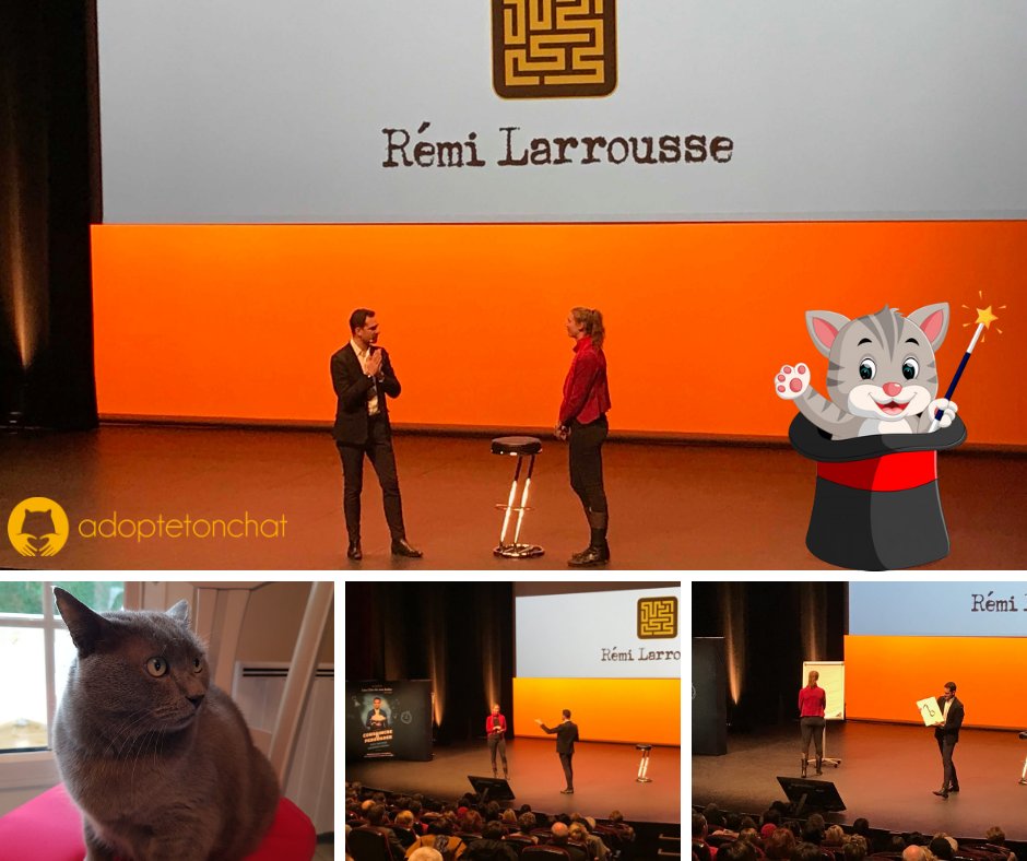 AdopteTonChat's tweet photo. Hier AdopteTonChat s'est fait mentaliser par @remilarrousse , à nous de vous mentaliser pour que vous ayez l'envie de faire un tour sur https://t.co/sgsAwY0luI pour aider les chats de refuge, J-5 ! 
Pas de chat dans son chapeau mais un amusant moment sur scène ! https://t.co/Jgy6M11OJJ