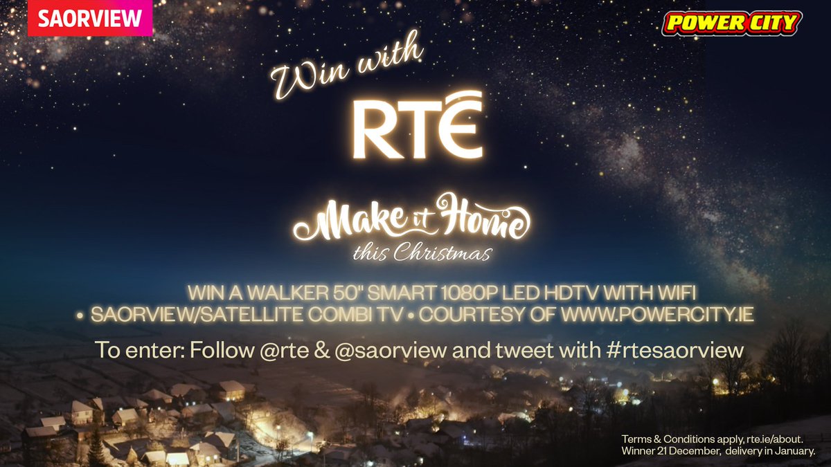 rte's tweet photo. Win with RTÉ | Win a Walker 50' LED TV, courtesy of @Powercity_Ltd. To enter: follow @rte and @SAORVIEW + RT #rtesaorview.
RTÉ - Make it Home this Christmas https://t.co/U4tCfYYba8