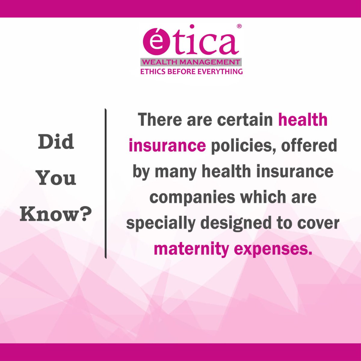 eticawealth's tweet photo. #FridayWealthTrivia Maternity benefits in health insurance policy covers maternity charges, child vaccinations etc depending on the T&amp;C of the policy.  

#EticaWealthAdvisors #EticaWealth #EthicsBeforeEverything #wealthmanagement #healthinsurance #financialplanning https://t.co/nwEK8tr4nD