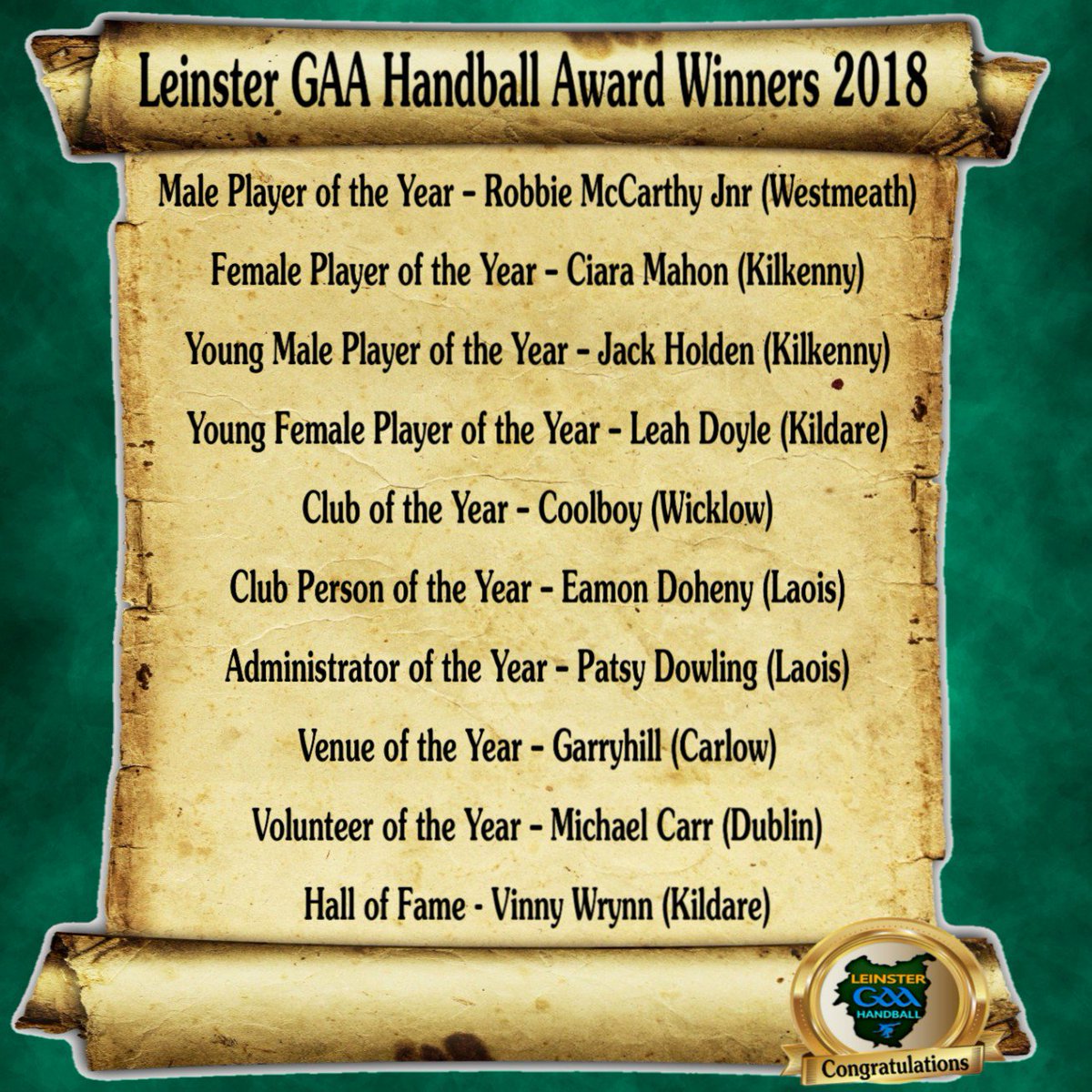 LeinsterPro's tweet photo. Handball Award Winners Announced.
Congratulations to all who were chosen for an award. https://t.co/7Hmdn1zBME
