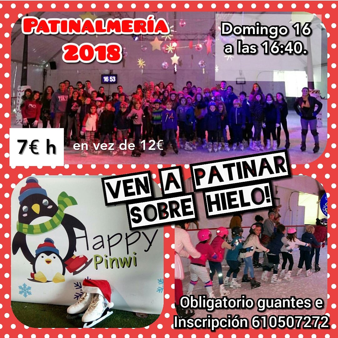 Muy buenas noches amigos!  Este Domingo porfin tenemos nuestra tradicional quedada  Navideña de PATINAJE SOBRE HIELO!!   🎶🎶 🎄🎄Un evento que esperamos  con ilusión  para recibir la Navidad. 
Confirma tu asistencia 610507272 , solo 7€!!  En vez de 12€ 👌😍 🎅🏻🤶🏻🎄🌲 #Almeria