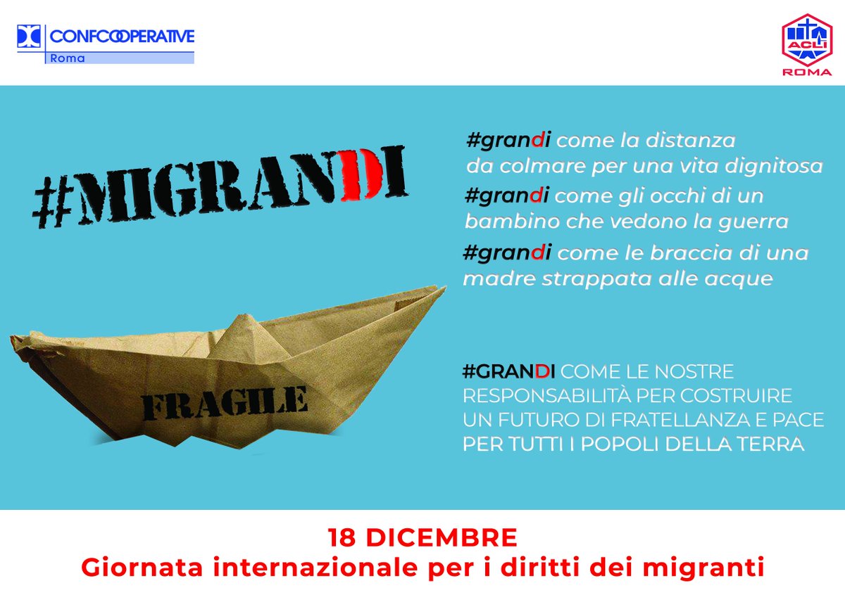 Giornata Internazionale per i migranti Conf Roma e <a href="/ACLI_Roma/">ACLI di Roma aps</a> hanno condiviso la campagna #MigranDi per sottolineare la grandezza di chi abbandona la propria terra d'origine per sfuggire alle difficoltà. A queste persone va la nostra solidarietà #MigranDi #solidarietà #coop