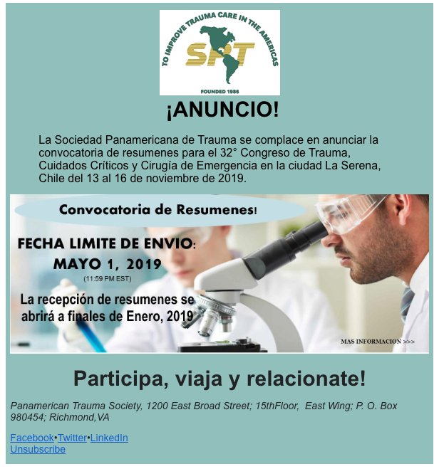 Panamtrauma's tweet photo. La Sociedad Panamericana de Trauma se complace en anunciar la convocatoria de resumenes para el 32° Congreso de Trauma, Cuidados Críticos y Cirugía de Emergencia en la ciudad La Serena, Chile del 13 al 16 de noviembre de 2019. https://t.co/eQtoUDIaDT