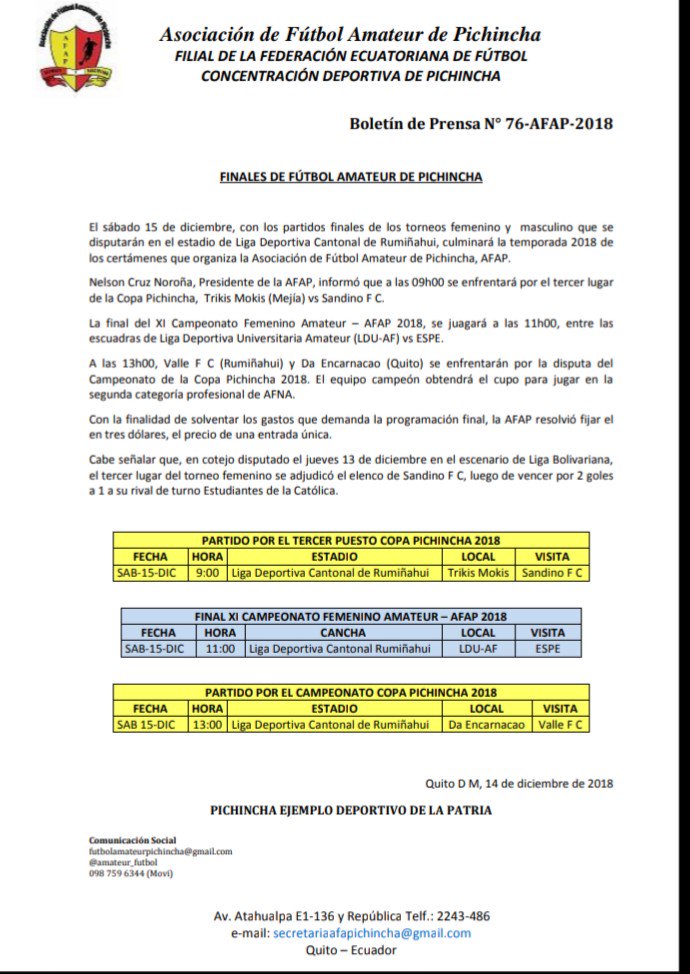 amateur_futbol's tweet photo. Este sábado 15 de diciembre, a partir de las 09h00, en el estadio de @LDC_Ruminahui se disputarán los cotejos finales de #FutbolFemenino
@LDUFemenino1
vs @SandinoFC
Por 3er lugar #CopaPichincha2018 #TrikisMokis vs @SandinoFC campeón #CopaPichincha2018 #ValleFC vs #DaEncarcacao https://t.co/B6RfrLDIMa