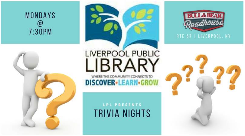 LiverpoolPubLib's tweet photo. Q: Where do we hold our monthly #LibraryTriviaNight?
A: The #BullAndBearRoadhouse!
Play from 7:30 to 8:30 p.m. Mon 12/17 at 8201 Oswego Road, Liverpool.
They'll sell their great food and beverages.
We'll have questions, spirit and prizes. https://t.co/ynIU5UPQpo