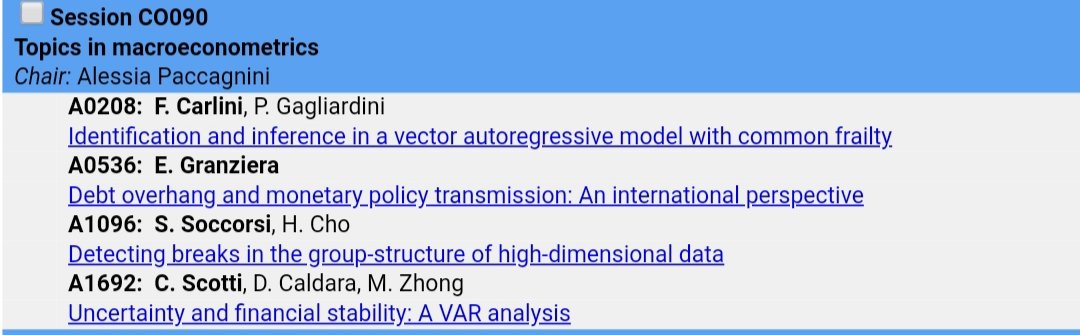 Alessia_metrics's tweet image. Topics in #macroeconometrics Section at #CFE2018 #CFECMStatistics2018!
Hosting Federico Carlini, Eleonora Granziera, Stefano Soccorsi and Chiara Scotti
#Econometrics #AcademicTwitter