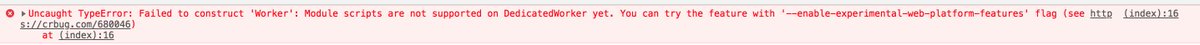 Mark_kaosat_dev's tweet image. const worker = new Worker(&apos;worker-test.js&apos;, {type:&quot;module&quot;})
this is pretty much the only thing that would make me switch over to es modules: I have been waiting/ hoping for a non hacky way to do imports in #webworkers for something like 7 years now ... almost there ?