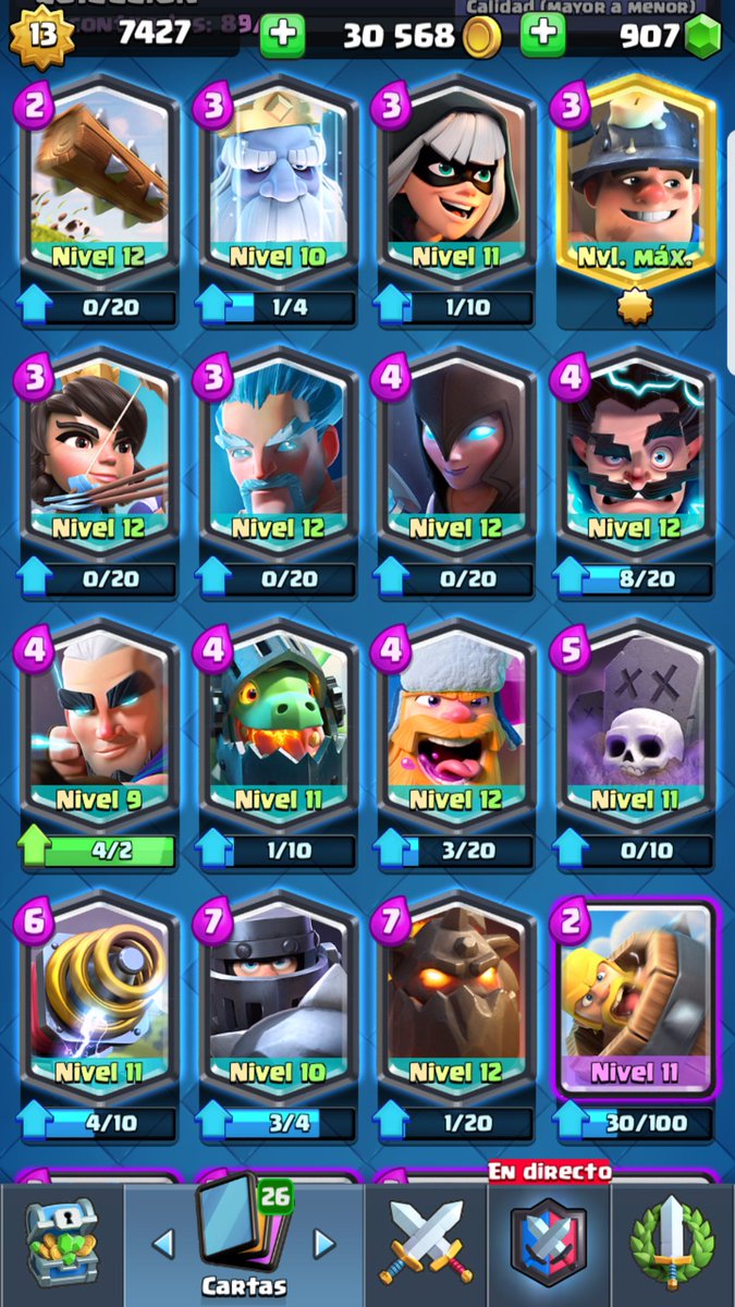 Vendo esta bellezoide. Comunes max, especiales, casi todas max (falta un poco de oro), epicas 11, 12, 13. Legendarias, 10, 11, 12, 13(Minero). Interesados MD