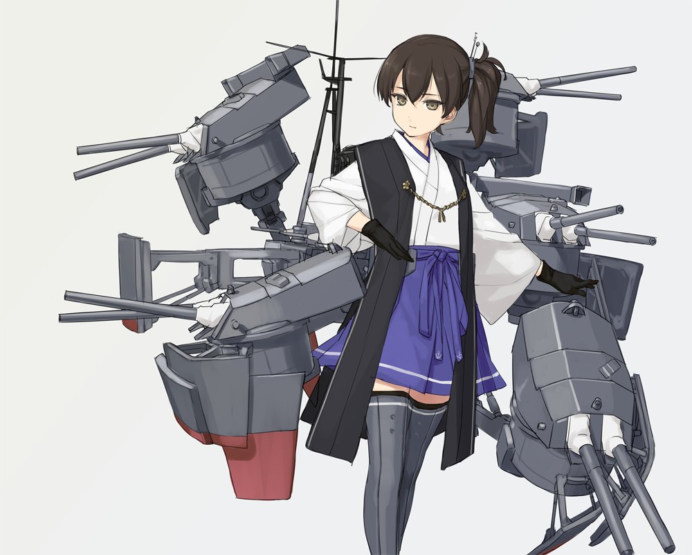 kaga (kancolle) 1girl solo gloves side ponytail thighhighs japanese clothes skirt  illustration images