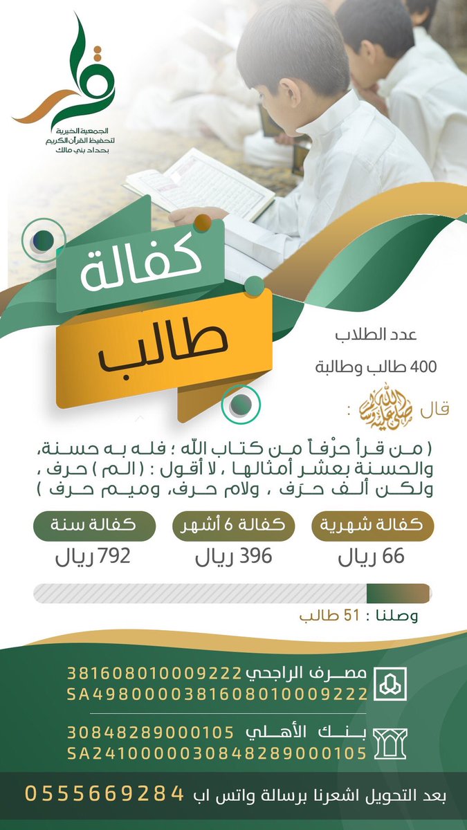 أيادي الخير تتسابق في #كفالة_طالب🔰

وصلنا كفالة 51 طالب⏳
المتبقي فقط 349 طالب⏳

ويستمر العطاء بدعمكم لحفاظ كتاب الله🍃
للتواصل📲 0555669284