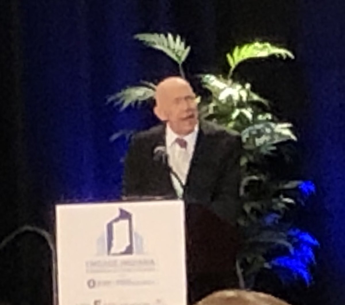 #EngageIndiana giving a warm reception to Frank Basile, showing off his bald head and his cancer-free dignosis. Oh, and the Michael A. Carroll Award. He had the grace to have his oncologist stand for applause. What a class act!