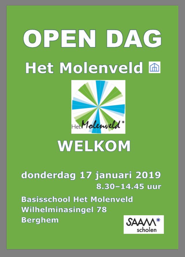 U bent van harte welkom op de open dag <a href="/bshetMolenveld/">bs Het Molenveld</a> @SAAMscholen Kom gezellig samen met uw kind een kijkje nemen ☕️